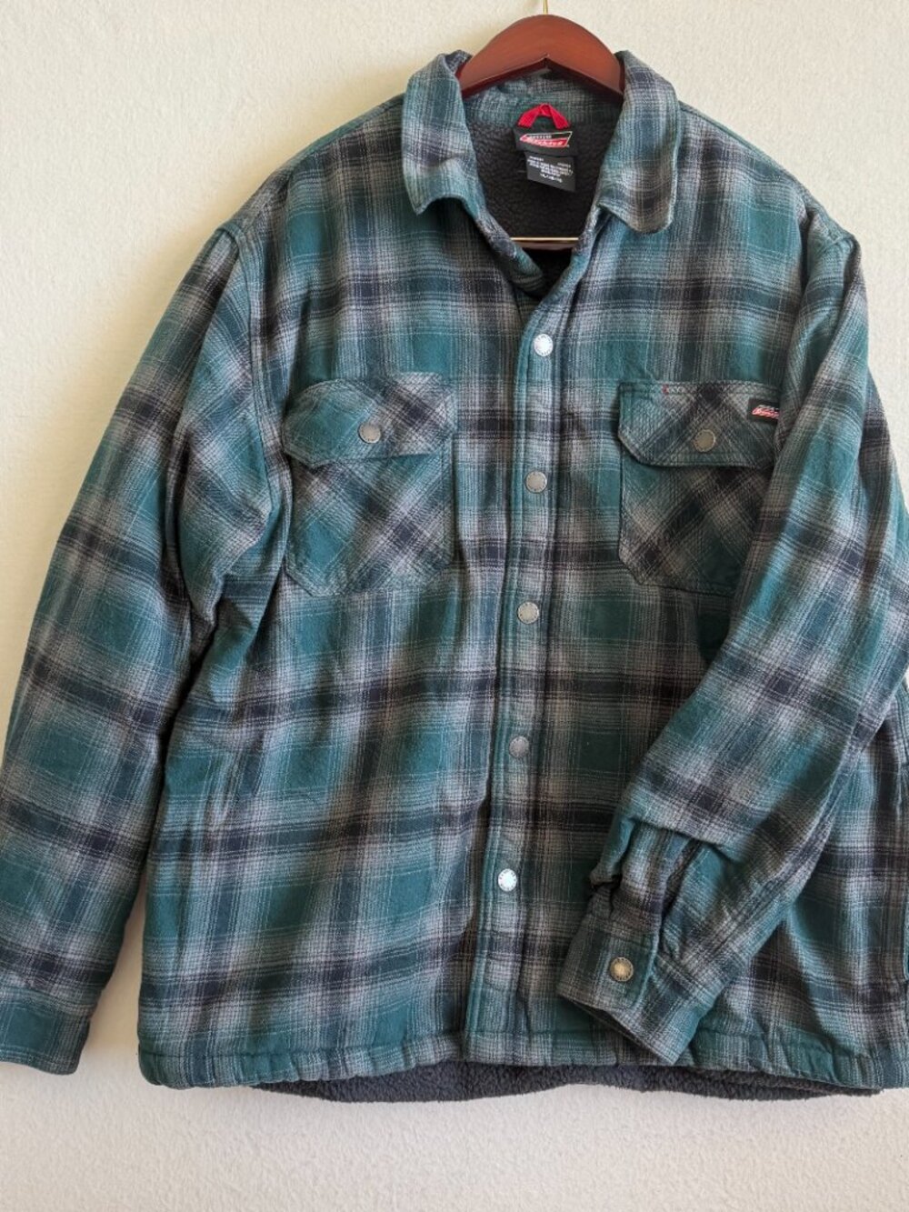 Dickies Mens XL Sherpa Fleece Lined Flannel Shacket Jacket Plaid Green Workwear
